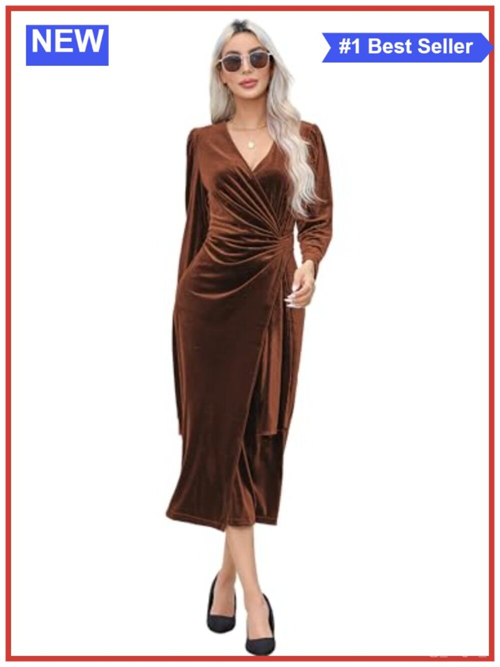 Velvet Wrap Midi Dress Long Sleeve V Neck Wedding Guest Fall Winter